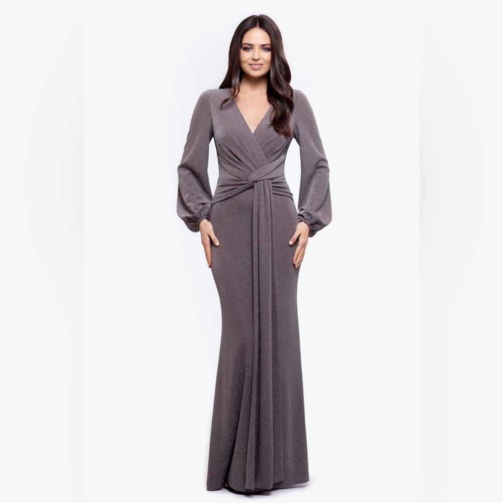 Betsy & Adam Metallic Long Sleeve Wrap Gown SZ 10 NWT Formal Evening Dress GALA